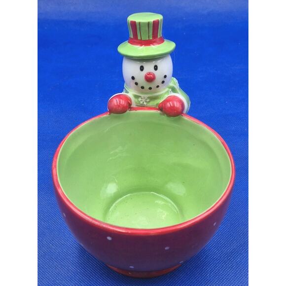 Festive Ceramic Snowman Dip Bowl with Serving Knife Red Green White 8x5x6" - Picture 2 of 8